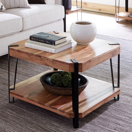 Alaterre Furniture Ryegate Natural Live Edge Solid Wood with Metal Square Coffee Table, Natural AWCC1320